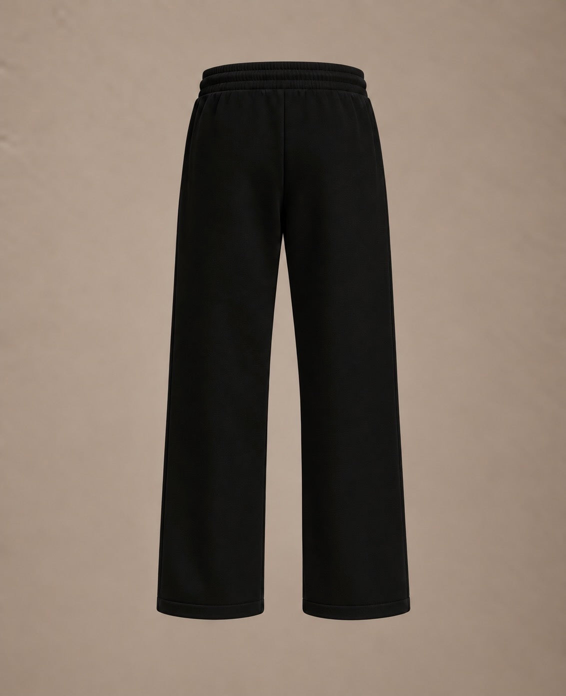 Black wide-leg cropped sweatpants with an elastic waistband, shown against a solid beige background.