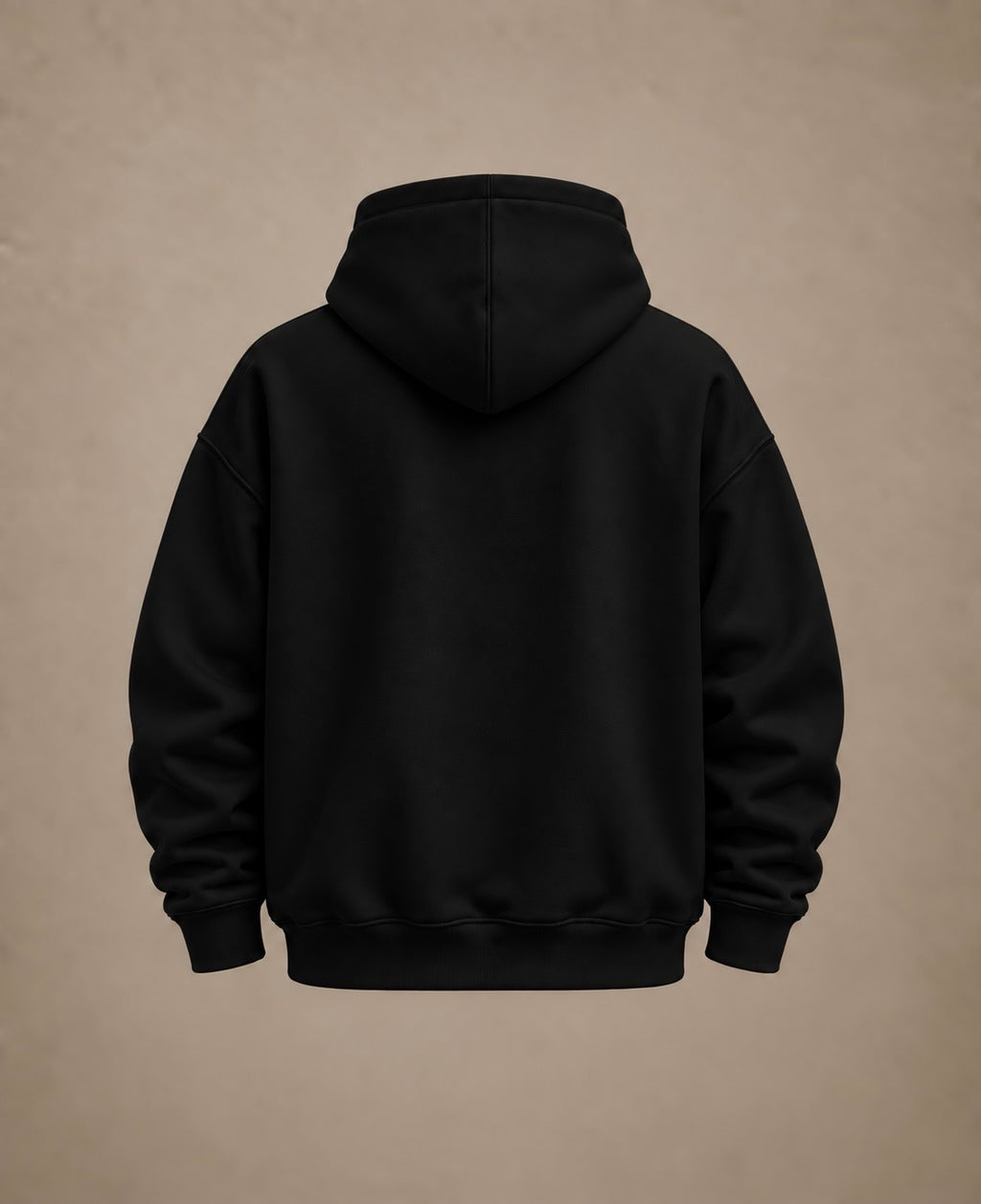 A black pullover hoodie shown from the back, centered against a textured beige background.