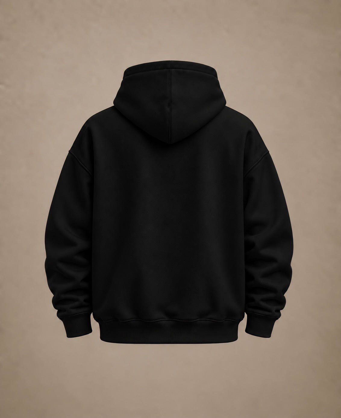 A black pullover hoodie shown from the back, centered against a textured beige background.