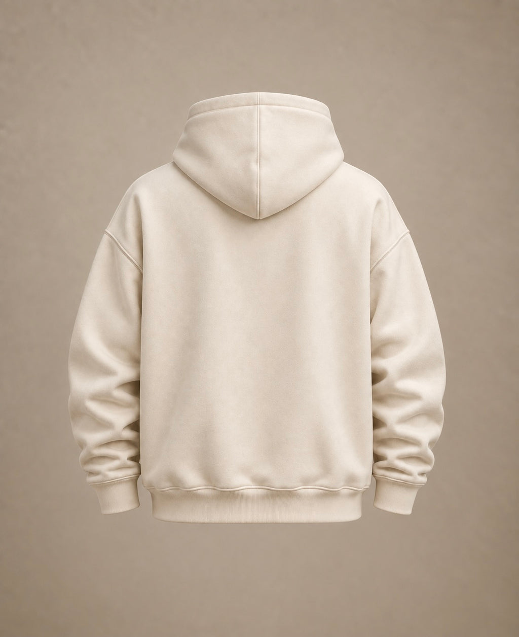 A plain cream-colored hoodie shown from the back, displayed on a neutral beige background.
