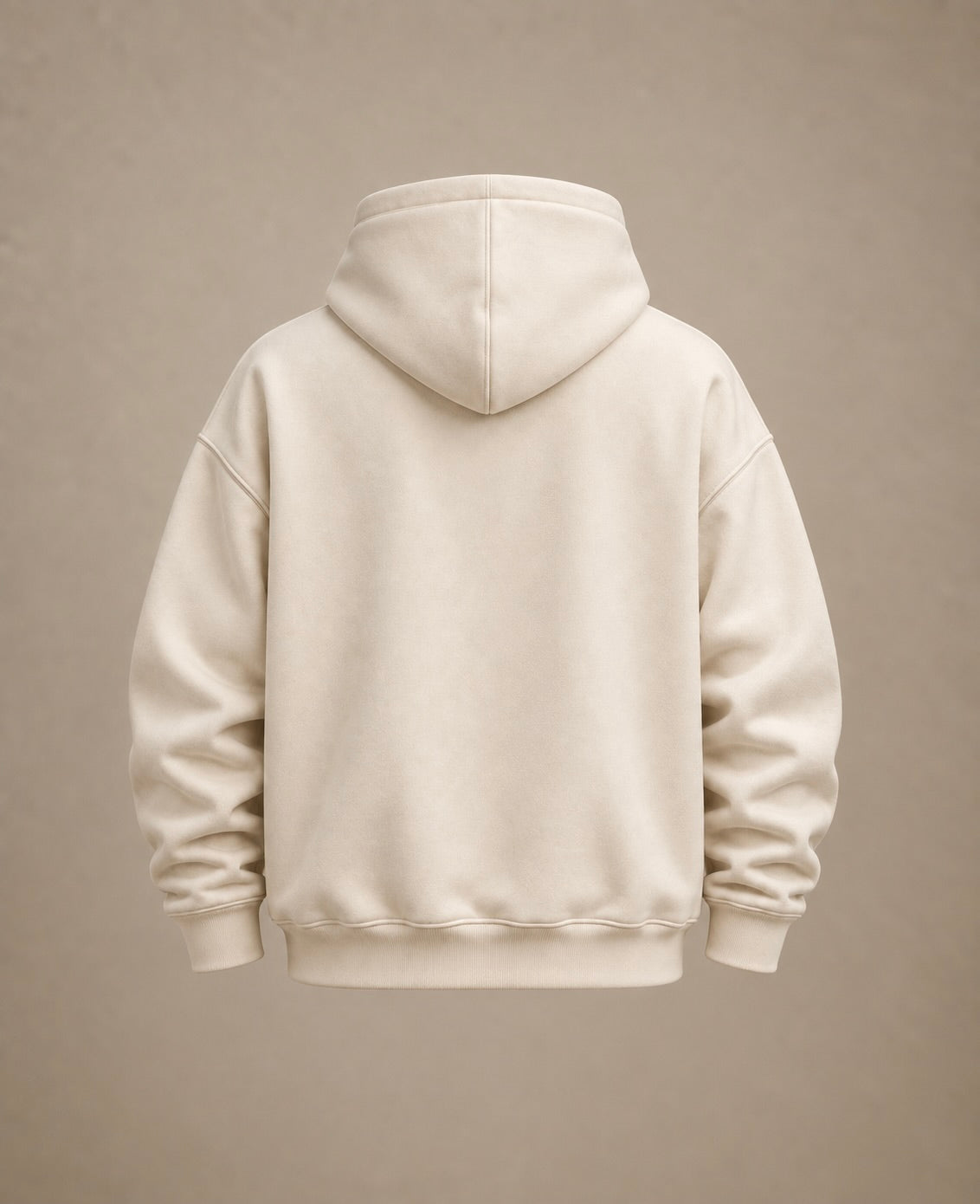 A plain cream-colored hoodie shown from the back, displayed on a neutral beige background.